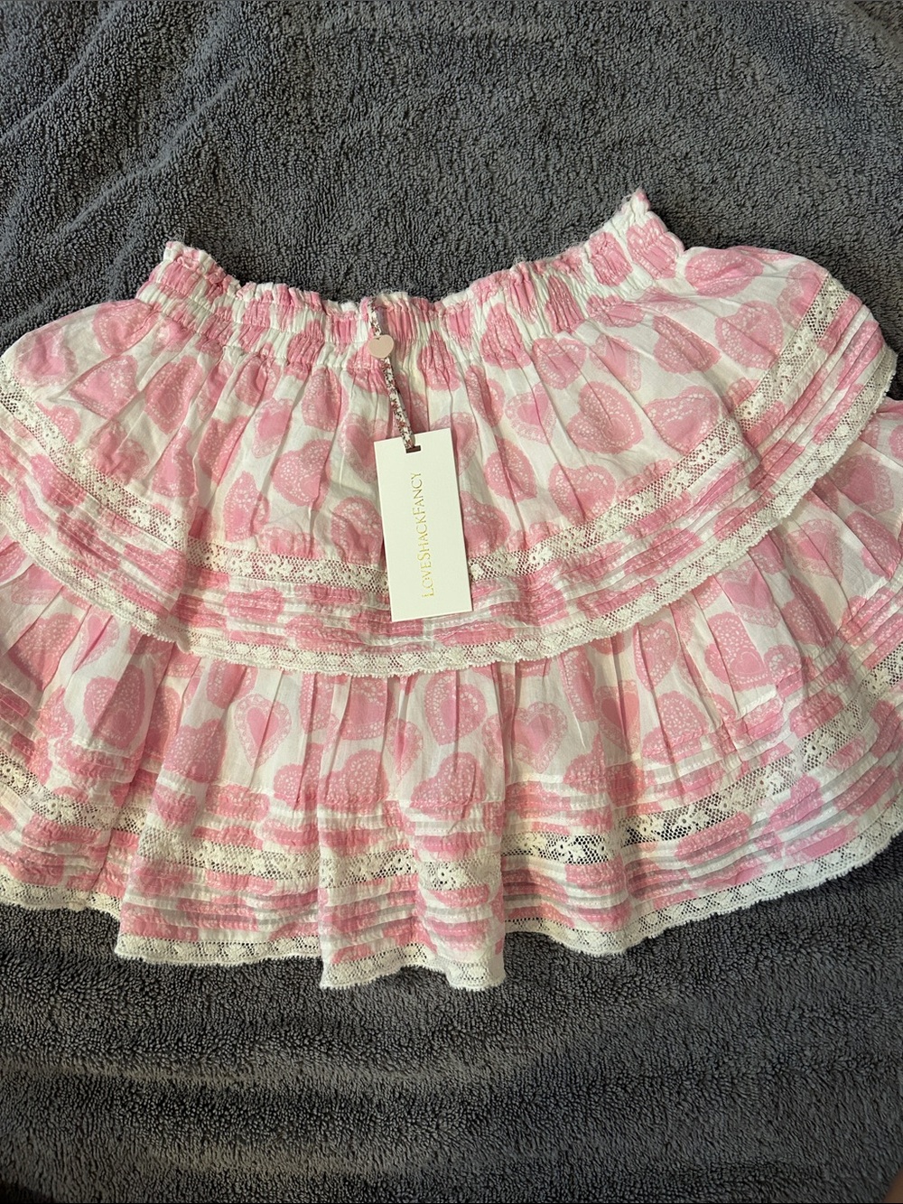 LoveShackFancy Pink Heart-Print Angel Kiss Ruffle Mini Skirt XS